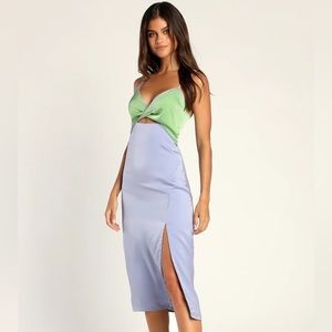 Lulus Perfect Pairing Light Blue Colorblock Satin Cutout Midi Dress
